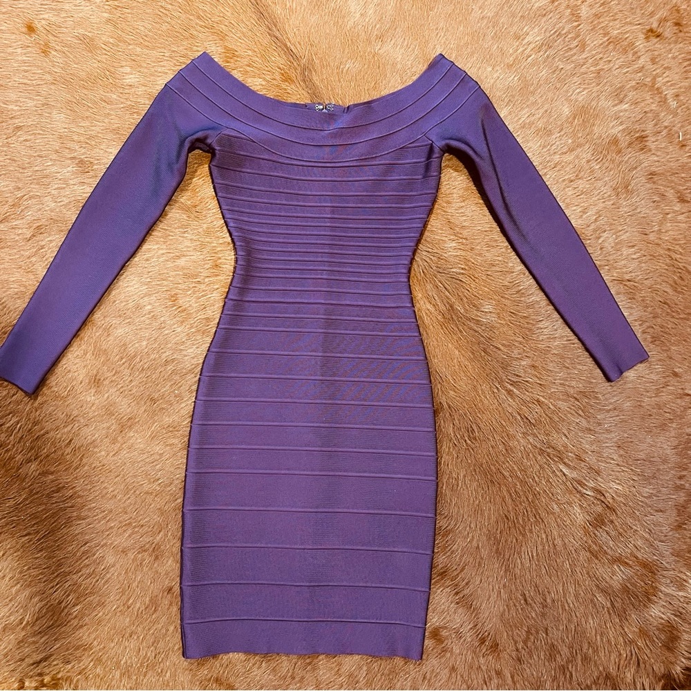 Herve Leger Plum Long Sleeve Bandage Mini Dress, XXS